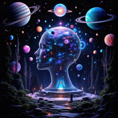 The primary subject of the image is a head with a purple and blue color scheme. The head is surrounded by a variety of celestial objects, including planets, stars, and a moon. The setting is a night sky, and the visual style is a digital art or illustration. The colors and mood of the image are vibrant and lively, with the purple and blue hues creating a sense of wonder and exploration.